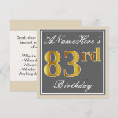 エレガントなグレーの疑似ゴールド83歳の誕生日＋名前 招待状 (正面/裏面)