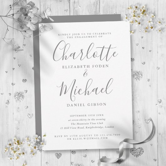 エレガントなグレーの署名スクリプトエンゲージメントパーティー 招待状