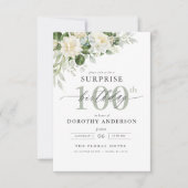 エレガントなグレーグリーンの花のサプライズ誕生日 招待状 (正面)