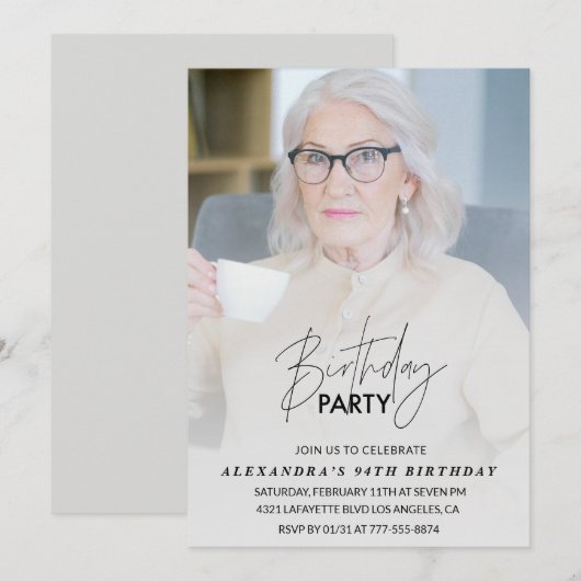 エレガントなグレー写真94歳の誕生日パーティー 招待状 (正面/裏面)