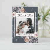 エレガントなグレー クリーム フラワー フォト ウェディング サンキューカード (スタンド正面)