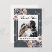 エレガントなグレー クリーム フラワー フォト ウェディング サンキューカード (正面/裏面)