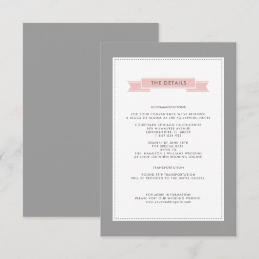 エレガントなグレー | ブラッシュピンクの結婚式詳細カード エンクロージャーカード (正面/裏面)