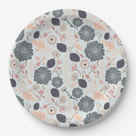 エレガントなグレー・ブルー・ピンクの花柄パターン ペーパープレート