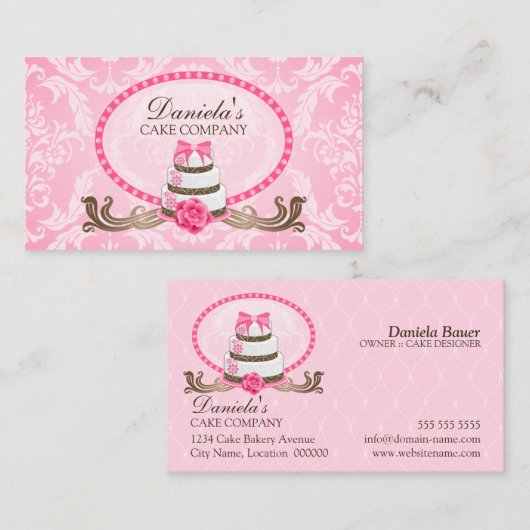 エレガントなケーキのベーカリーのダマスク織 名刺 (正面/裏面)