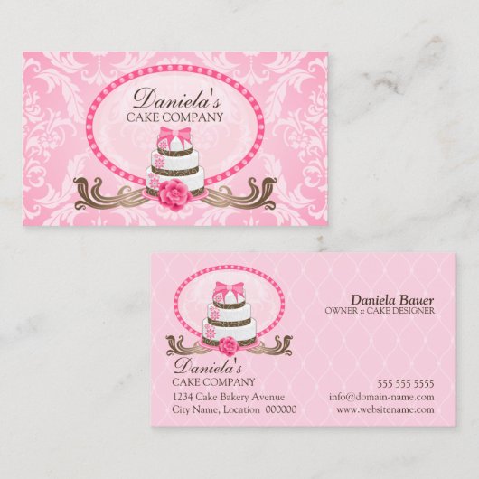 エレガントなケーキのベーカリーのダマスク織 名刺 (正面/裏面)
