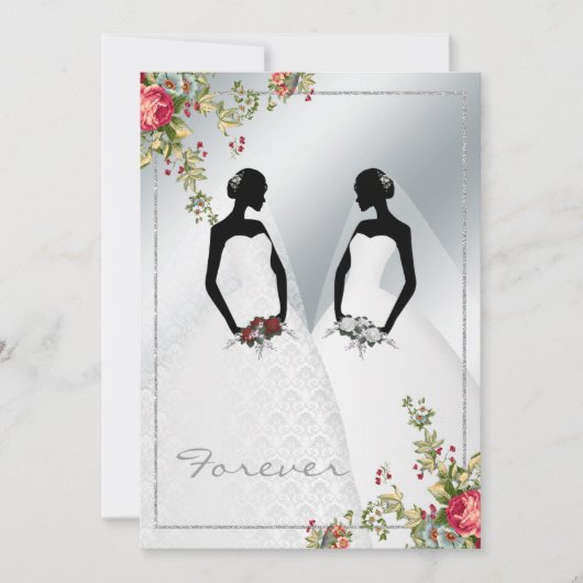 エレガントなゲイ シルバー ダマスク ウェディング 招待状 (正面)