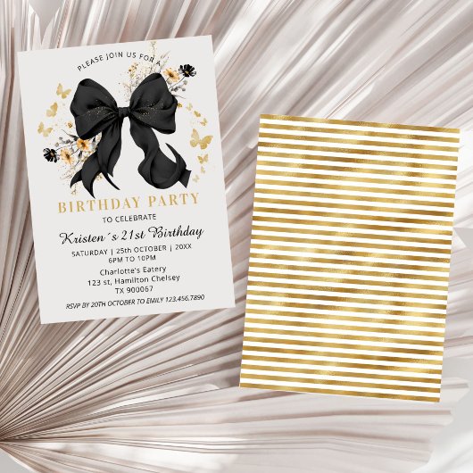 エレガントなコケティエ ブラックボウ ワイルドフラワーズの招待状 招待状