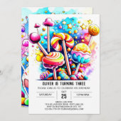 エレガントなコットンキャンディの誕生日 招待状 (正面/裏面)