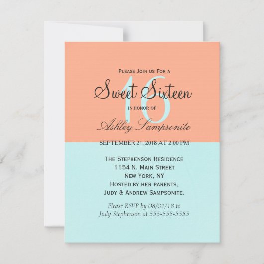 エレガントなコーラルとミントグリーンのツートンカラースプリット 招待状 (正面)