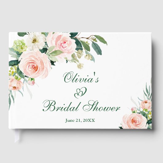 エレガントなコーラルピンクの花のブライダルシャワー ゲストブック (正面)