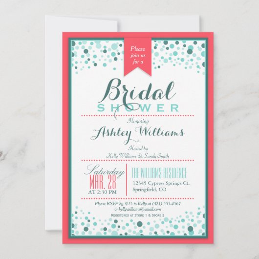 エレガントなコーラルピンク; アクアコンフェッティ ブライダルシャワー 招待状 (正面)