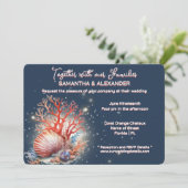 エレガントなコーラルブルーのビーチウェディング招待状 招待状 (スタンド正面)