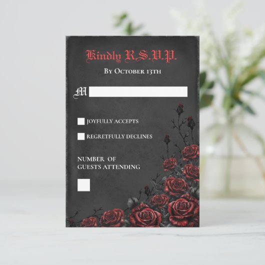 エレガントなゴシックの赤と黒のバラの出欠カード 出欠カード (スタンド正面)