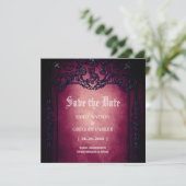 エレガントなゴシックスタイルのターコイズとレッドのフレーム入り「Save The Date」 招待状 (スタンド正面)