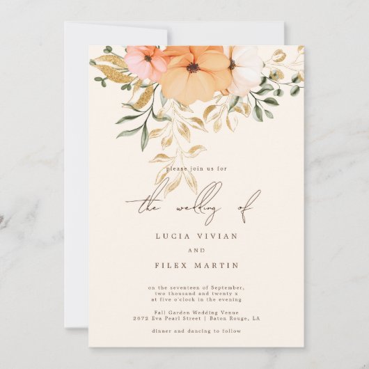 エレガントなゴールデンオータムフラワーズ ウェディング 招待状 (正面)