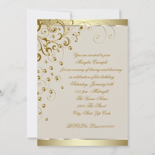 エレガントなゴールドとアイボリークリームの誕生日 招待状 (裏面)
