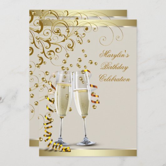 エレガントなゴールドとアイボリークリームの誕生日 招待状 (正面/裏面)