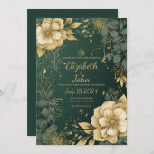 エレガントなゴールドとグリーンの結婚式招待状 招待状 (正面/裏面)