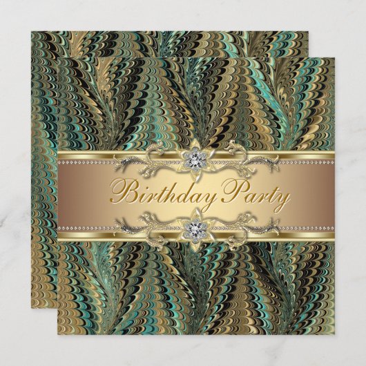 エレガントなゴールドとターコイズブルーの誕生日パーティー 招待状 (正面/裏面)