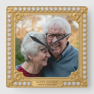 エレガントなゴールドとダイヤモンド 50周年記念写真 スクエア壁時計