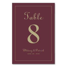 エレガントなゴールドとバーガンディの結婚披露宴の夕食 テーブルナンバー