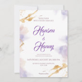 エレガントなゴールドとパープルの水彩画ウェディング招待状 招待状 (正面)