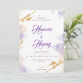 エレガントなゴールドとパープルの水彩画ウェディング招待状 招待状 (スタンド正面)