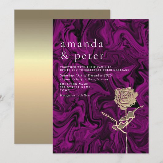 エレガントなゴールドとパープルの結婚式招待状 招待状 (正面/裏面)