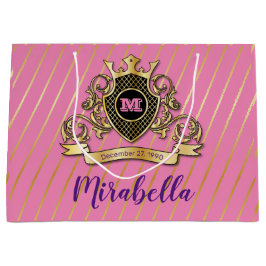 エレガントなゴールドとピンクのモノグラムデザイン ラージペーパーバッグ