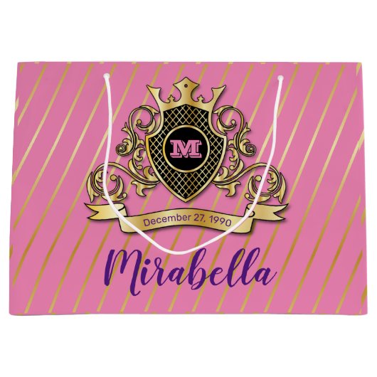 エレガントなゴールドとピンクのモノグラムデザイン ラージペーパーバッグ (正面)