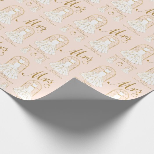 エレガントなゴールドとブッシュのウェディングドレス ブライダルシャワー ラッピングペーパー (角)