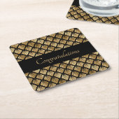 エレガントなゴールドとブラックのアートデコ幾何学模様の扇形 スクエアペーパーコースター (アングル)