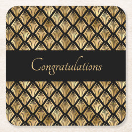 エレガントなゴールドとブラックのアートデコ幾何学模様の扇形 スクエアペーパーコースター