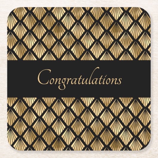エレガントなゴールドとブラックのアートデコ幾何学模様の扇形 スクエアペーパーコースター (正面)