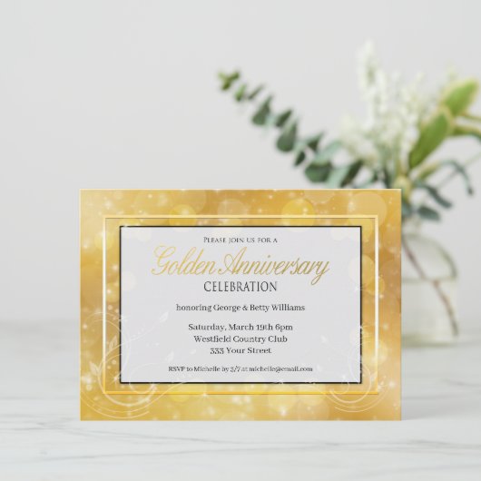 エレガントなゴールドとブラックのゴールド ウェディング アニバーサリー 招待状 (スタンド正面)