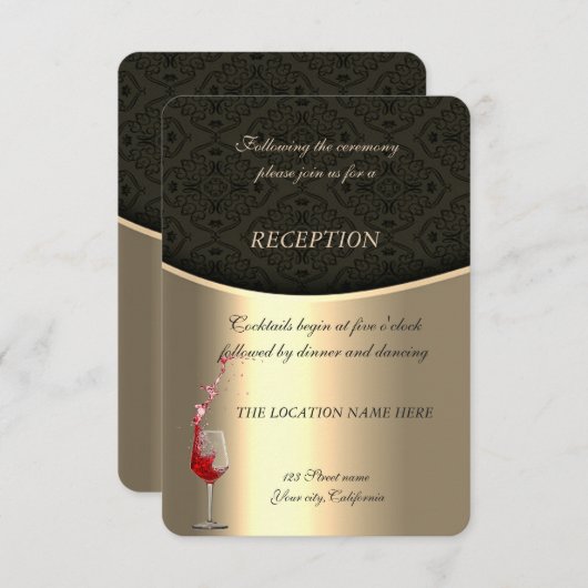 エレガントなゴールドとブラックのダマスク柄の結婚式の披露宴 招待状 (正面/裏面)