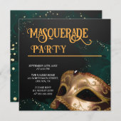 エレガントなゴールドとブラックのマスカレードパーティー招待状 招待状 (正面/裏面)