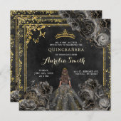 エレガントなゴールドとブラックのローズプリンセスのキンセアニエラ 招待状 (正面/裏面)