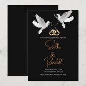 エレガントなゴールドとブラックの背景 白い鳩 招待状 (正面/裏面)