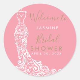 エレガントなゴールドとブラッシュのドレス ブライダルシャワー ウェルカム フォーム ラウンドシール