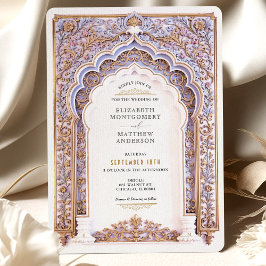 エレガントなゴールドとブルーのフィリグリーの結婚式 招待状