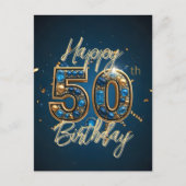 エレガントなゴールドとブルージェムストーンの50歳の誕生日 ポストカード (正面)