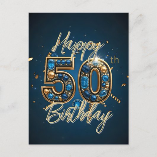 エレガントなゴールドとブルージェムストーンの50歳の誕生日 ポストカード (正面)