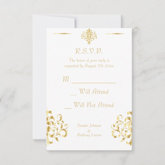 エレガントなゴールドとホワイトのダマスク模様の結婚式RSVP 出欠カード (正面)