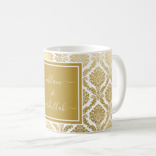 エレガントなゴールドとホワイトのダマスク オーダーメイドコーヒー コーヒーマグカップ (正面右)