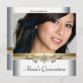 エレガントなゴールドとホワイトの写真のキンセアネラ 招待状 (正面/裏面)