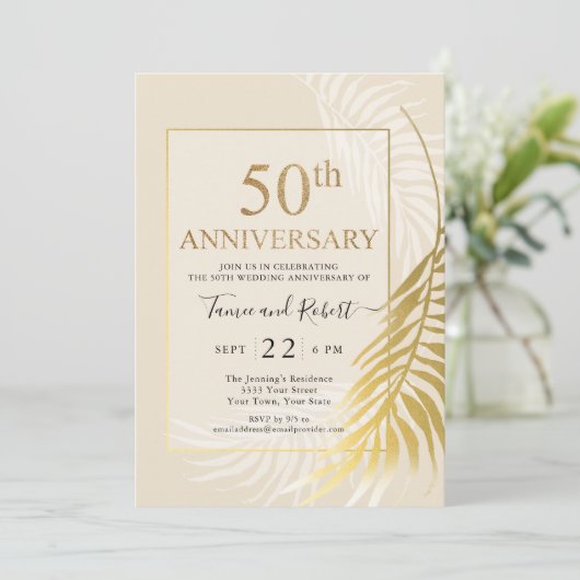 エレガントなゴールドとホワイトの50周年結婚式招待状 招待状 (スタンド正面)