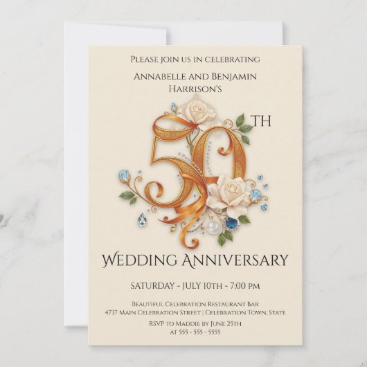 エレガントなゴールドとホワイトの50周年記念結婚式 招待状 (正面)