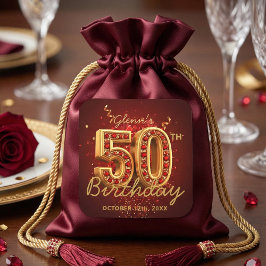 エレガントなゴールドとルビーレッドの50歳の誕生日パーティー スクエアシール